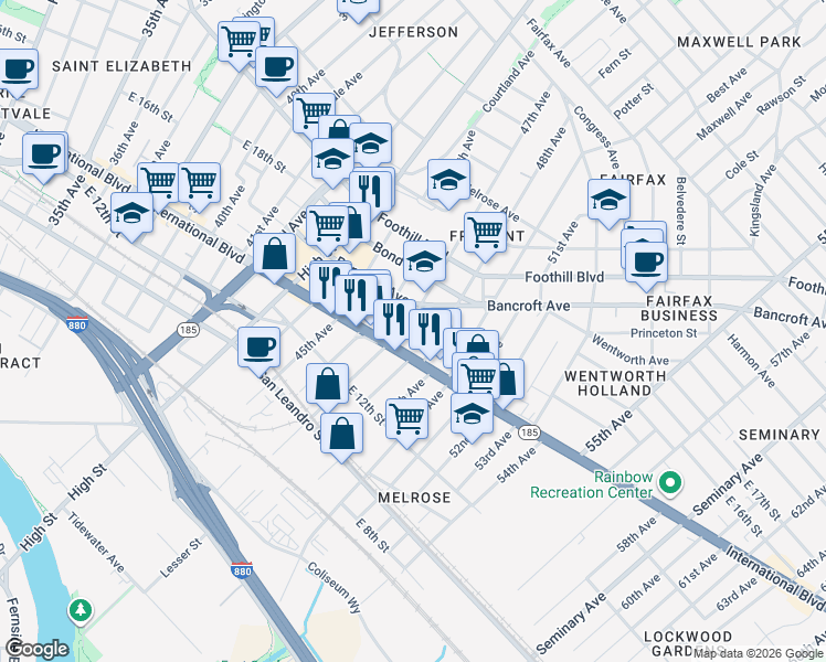 map of restaurants, bars, coffee shops, grocery stores, and more near 1434 47th Avenue in Oakland