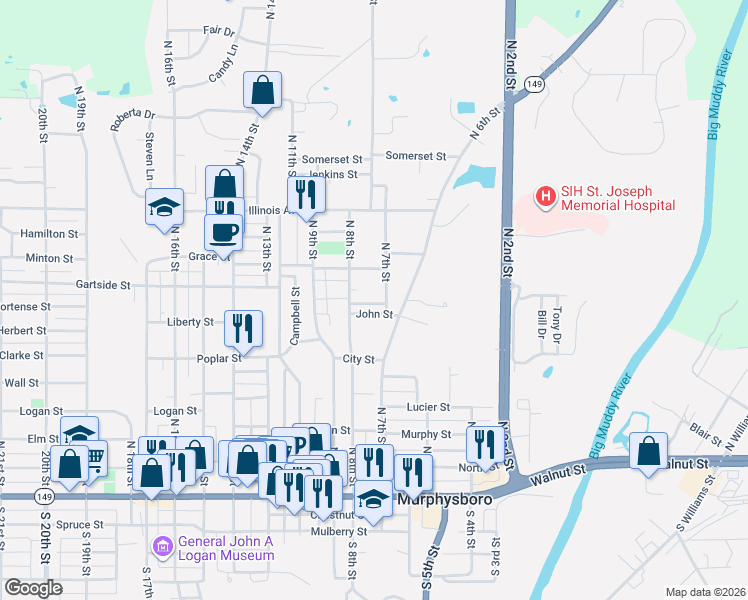 map of restaurants, bars, coffee shops, grocery stores, and more near 618-698 N 8th St in Murphysboro