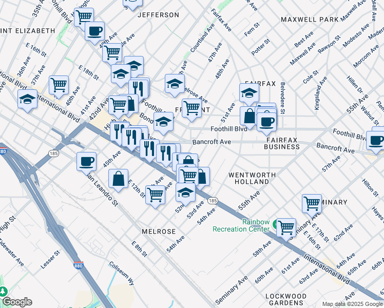 map of restaurants, bars, coffee shops, grocery stores, and more near 4811 Bancroft Avenue in Oakland