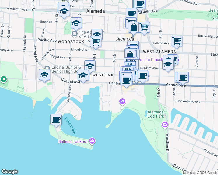 map of restaurants, bars, coffee shops, grocery stores, and more near 550 Central Avenue in Alameda