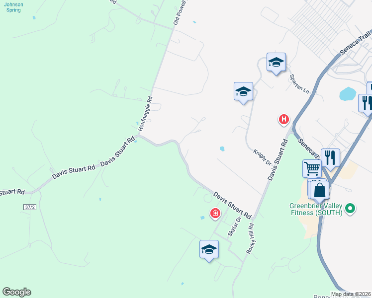 map of restaurants, bars, coffee shops, grocery stores, and more near 1036 Davis Stuart Road in Lewisburg