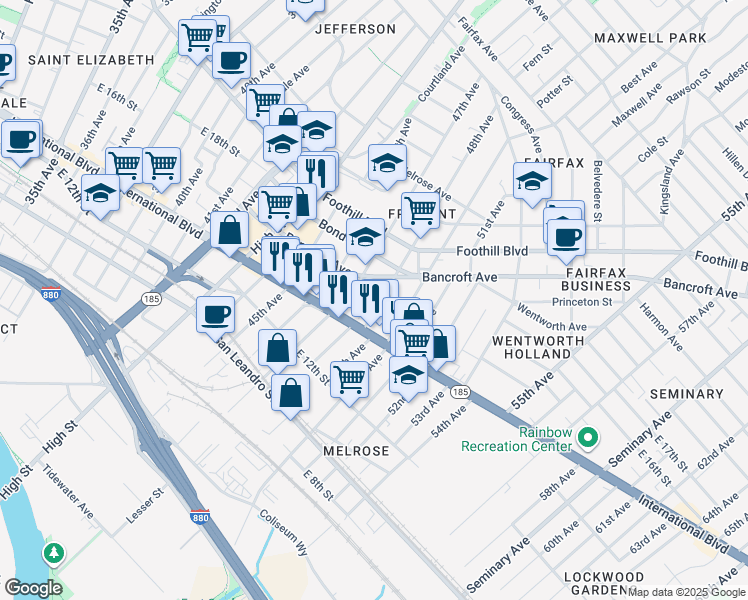 map of restaurants, bars, coffee shops, grocery stores, and more near 1445 48th Avenue in Oakland