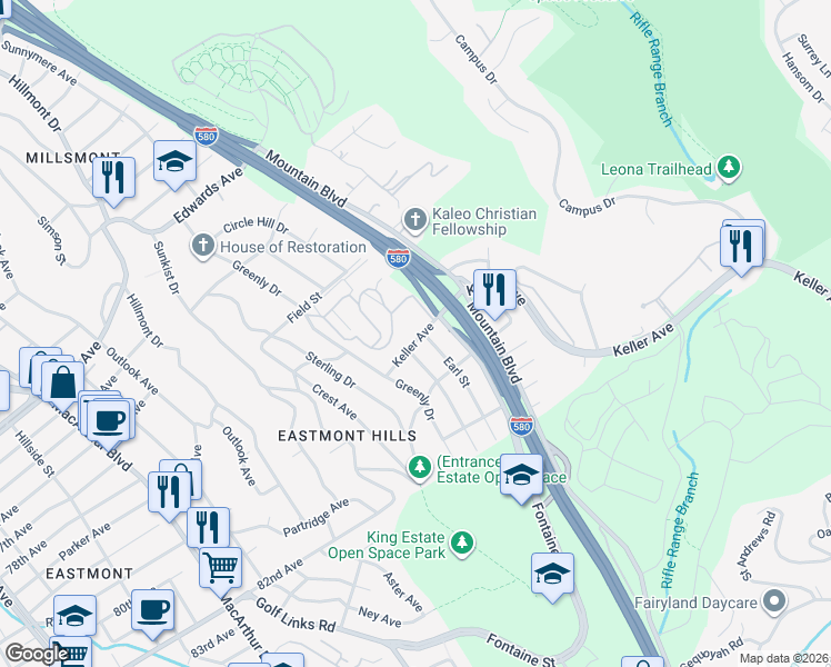 map of restaurants, bars, coffee shops, grocery stores, and more near 3825 Keller Avenue in Oakland