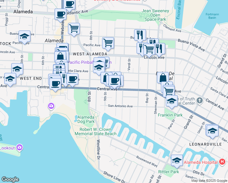 map of restaurants, bars, coffee shops, grocery stores, and more near 1355 Weber Street in Alameda