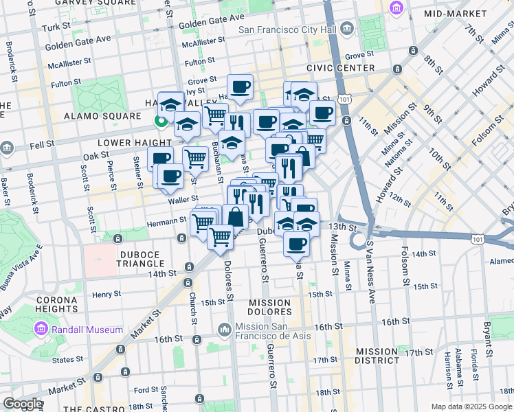 map of restaurants, bars, coffee shops, grocery stores, and more near 1886 Market Street in San Francisco
