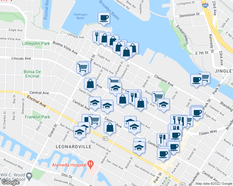 map of restaurants, bars, coffee shops, grocery stores, and more near 2008 Pacific Avenue in Alameda