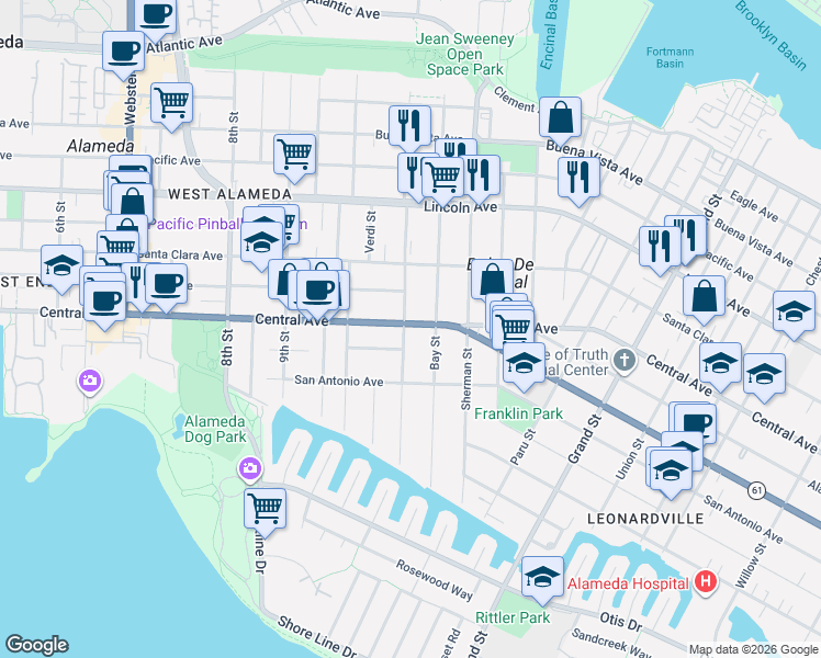 map of restaurants, bars, coffee shops, grocery stores, and more near 1121 Central Avenue in Alameda
