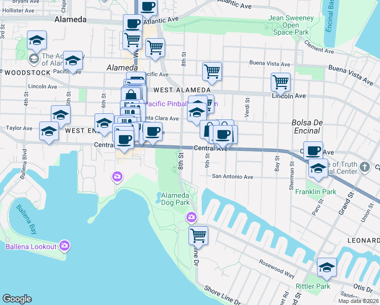 map of restaurants, bars, coffee shops, grocery stores, and more near 801 Central Avenue in Alameda