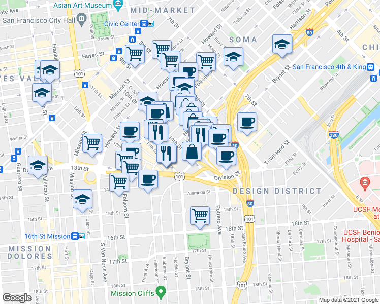 map of restaurants, bars, coffee shops, grocery stores, and more near 222 Dore Street in San Francisco