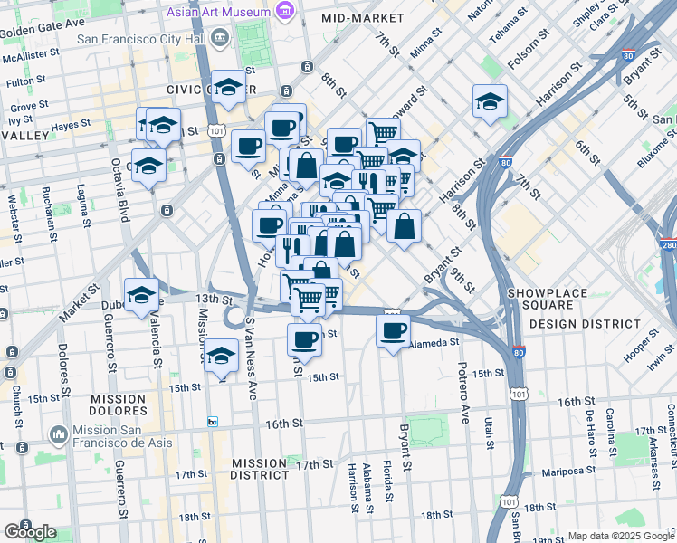 map of restaurants, bars, coffee shops, grocery stores, and more near 320 11th Street in San Francisco