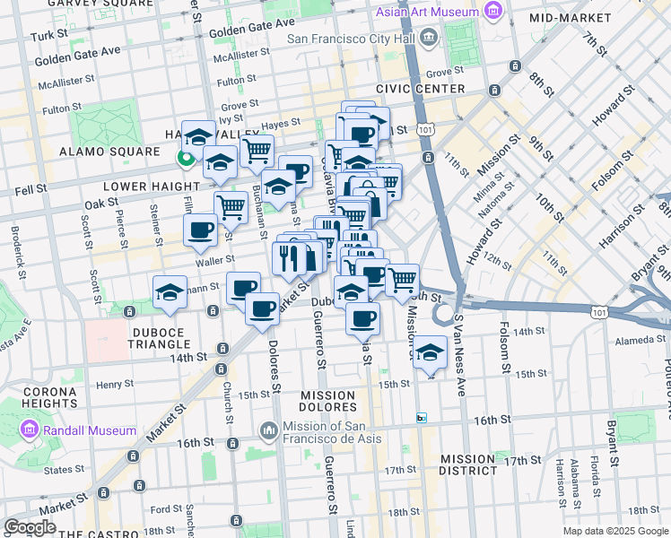 map of restaurants, bars, coffee shops, grocery stores, and more near 1874 Market Street in San Francisco
