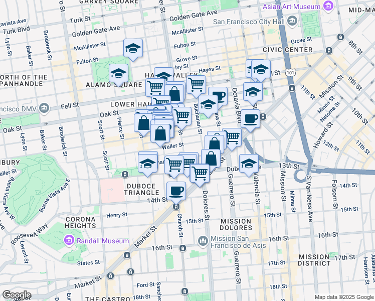 map of restaurants, bars, coffee shops, grocery stores, and more near 100 Webster Street in San Francisco