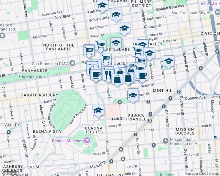 map of restaurants, bars, coffee shops, grocery stores, and more near 747 Haight Street in San Francisco