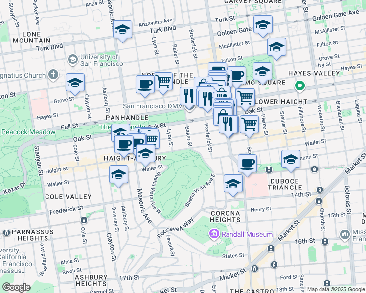 map of restaurants, bars, coffee shops, grocery stores, and more near 52 Baker Street in San Francisco