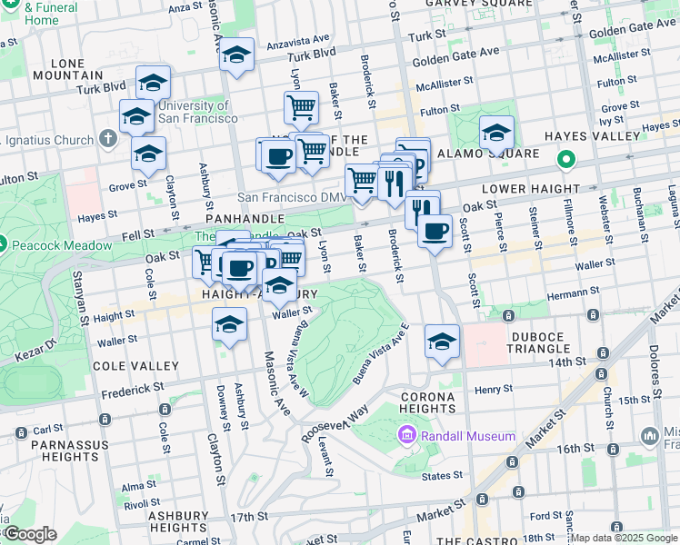 map of restaurants, bars, coffee shops, grocery stores, and more near 111 Lyon Street in San Francisco