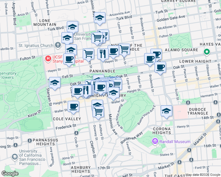 map of restaurants, bars, coffee shops, grocery stores, and more near 1466 Page Street in San Francisco