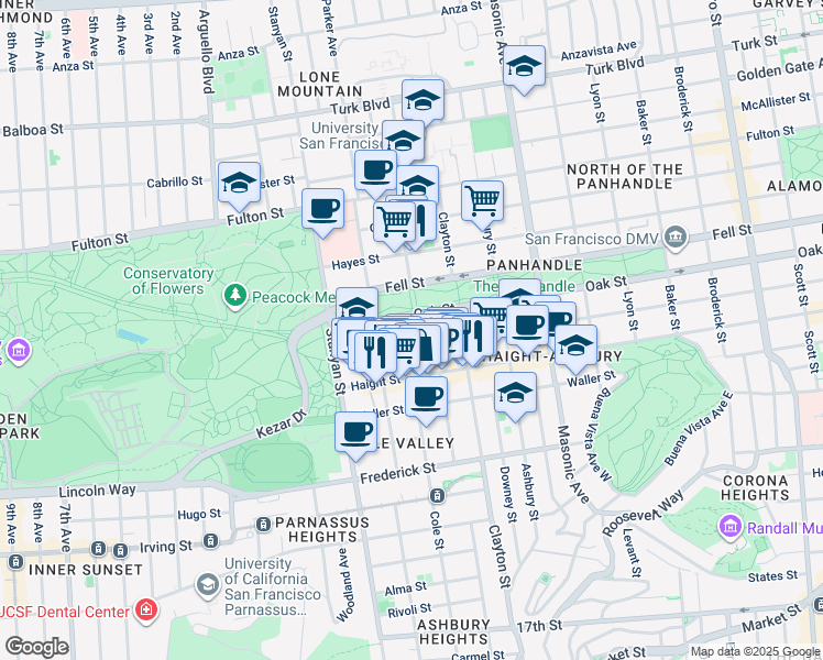 map of restaurants, bars, coffee shops, grocery stores, and more near 1911 Oak Street in San Francisco