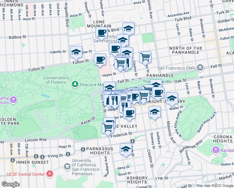 map of restaurants, bars, coffee shops, grocery stores, and more near 2011 Oak Street in San Francisco