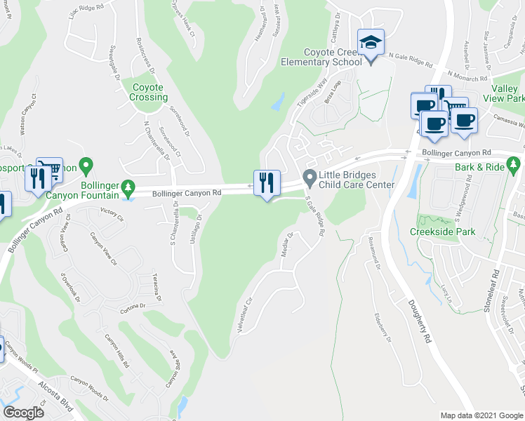 map of restaurants, bars, coffee shops, grocery stores, and more near 9000 South Gale Ridge Road in San Ramon