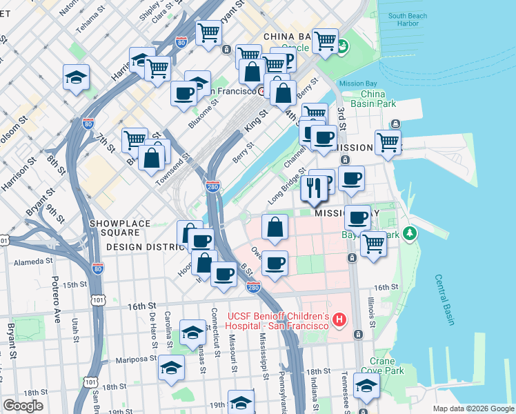 map of restaurants, bars, coffee shops, grocery stores, and more near 385 Channel Street in San Francisco
