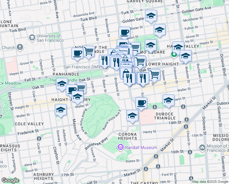 map of restaurants, bars, coffee shops, grocery stores, and more near 65 Buena Vista Avenue East in San Francisco