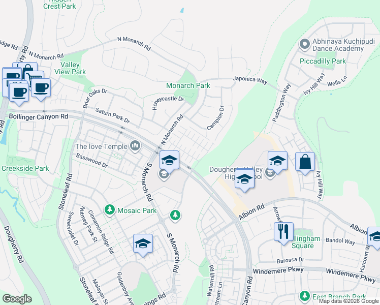 map of restaurants, bars, coffee shops, grocery stores, and more near 2111 Maidenhair Way in San Ramon