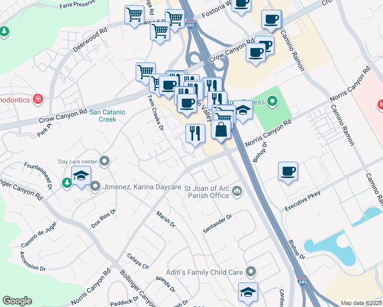 map of restaurants, bars, coffee shops, grocery stores, and more near 1511 Canyon Village Circle in San Ramon