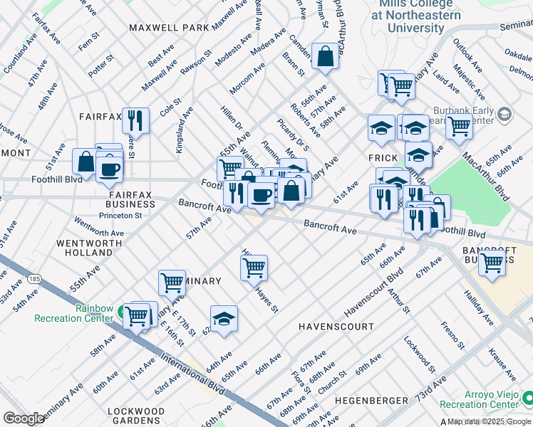 map of restaurants, bars, coffee shops, grocery stores, and more near 5833 Foothill Boulevard in Oakland