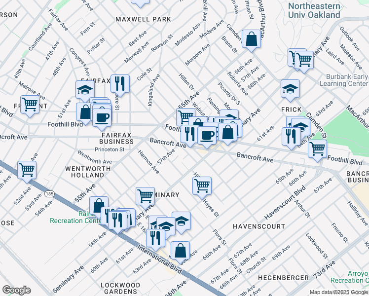 map of restaurants, bars, coffee shops, grocery stores, and more near 5729 Bancroft Avenue in Oakland