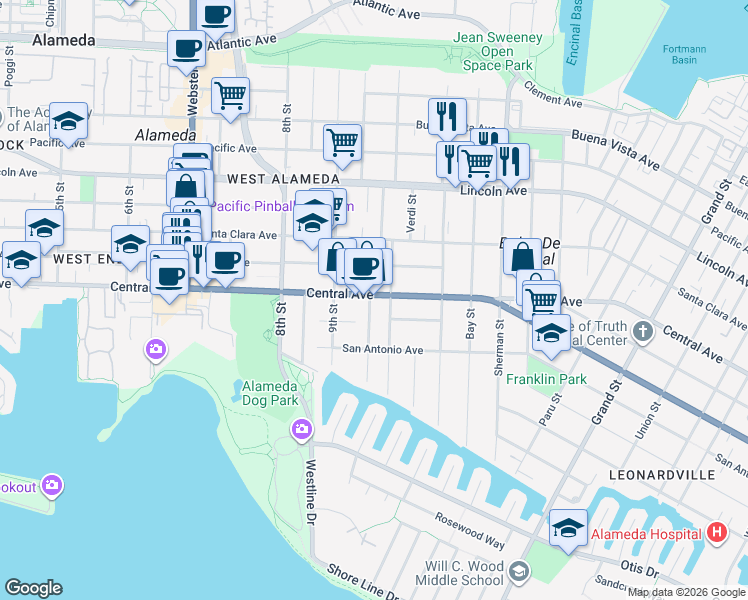 map of restaurants, bars, coffee shops, grocery stores, and more near 1000 Central Avenue in Alameda