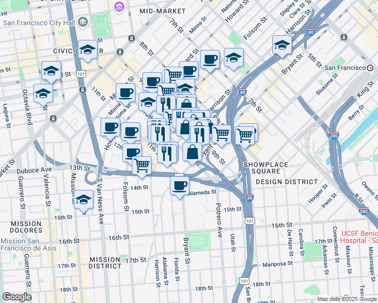map of restaurants, bars, coffee shops, grocery stores, and more near 222 Dore Street in San Francisco