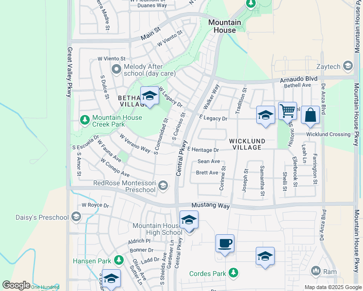 map of restaurants, bars, coffee shops, grocery stores, and more near Central Parkway & Heritage Drive in Tracy