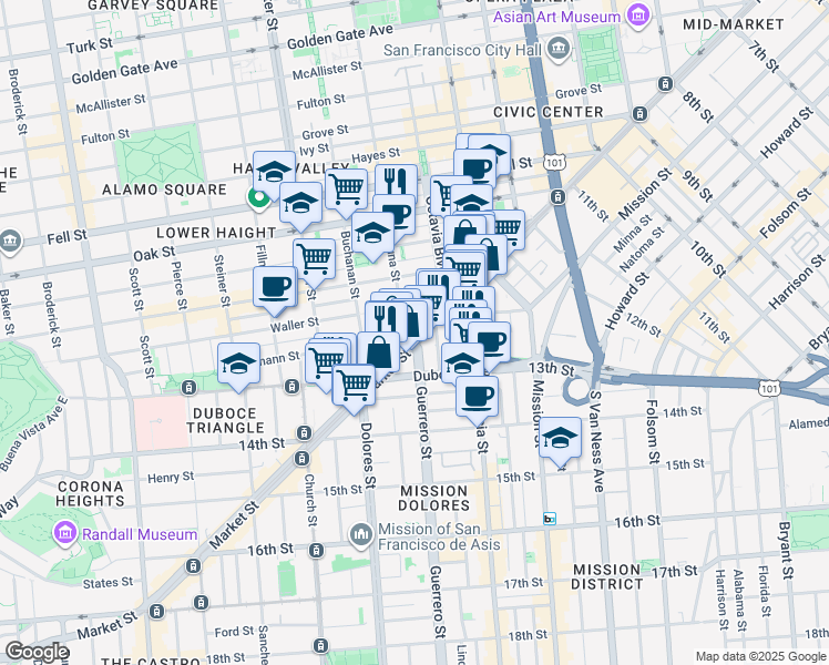map of restaurants, bars, coffee shops, grocery stores, and more near 1878 Market Street in San Francisco