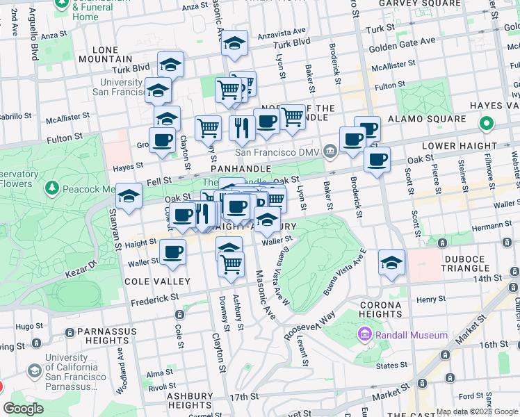 map of restaurants, bars, coffee shops, grocery stores, and more near 1466 Page Street in San Francisco