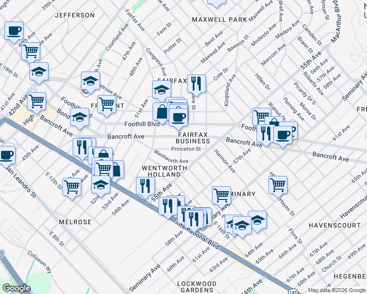 map of restaurants, bars, coffee shops, grocery stores, and more near 5407 Bancroft Avenue in Oakland