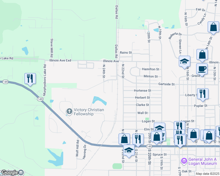 map of restaurants, bars, coffee shops, grocery stores, and more near 735 North 23rd Street in Murphysboro