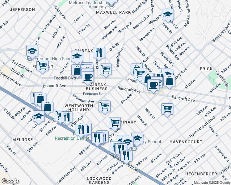 map of restaurants, bars, coffee shops, grocery stores, and more near 5521 Harvey Avenue in Oakland