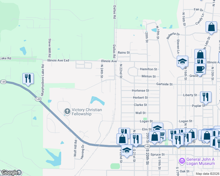 map of restaurants, bars, coffee shops, grocery stores, and more near 735 North 23rd Street in Murphysboro