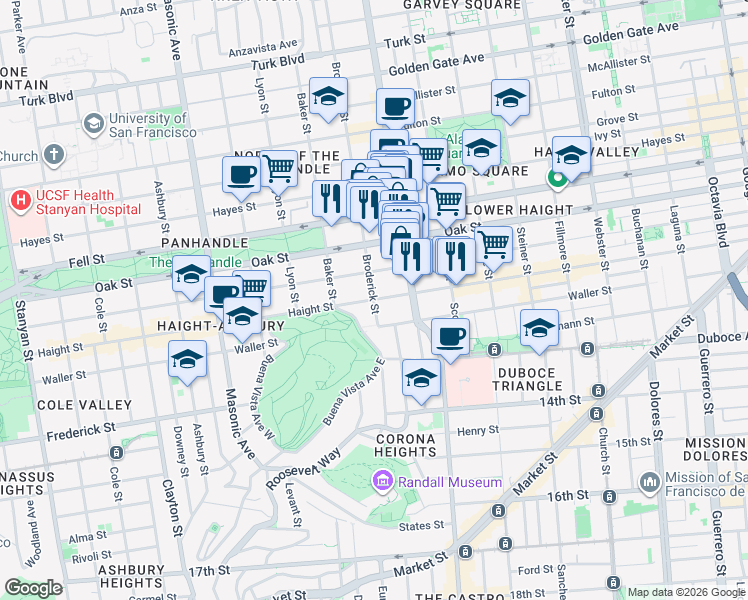 map of restaurants, bars, coffee shops, grocery stores, and more near Broderick St & Haight St in San Francisco