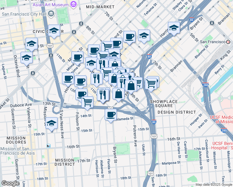 map of restaurants, bars, coffee shops, grocery stores, and more near 222 Dore Street in San Francisco