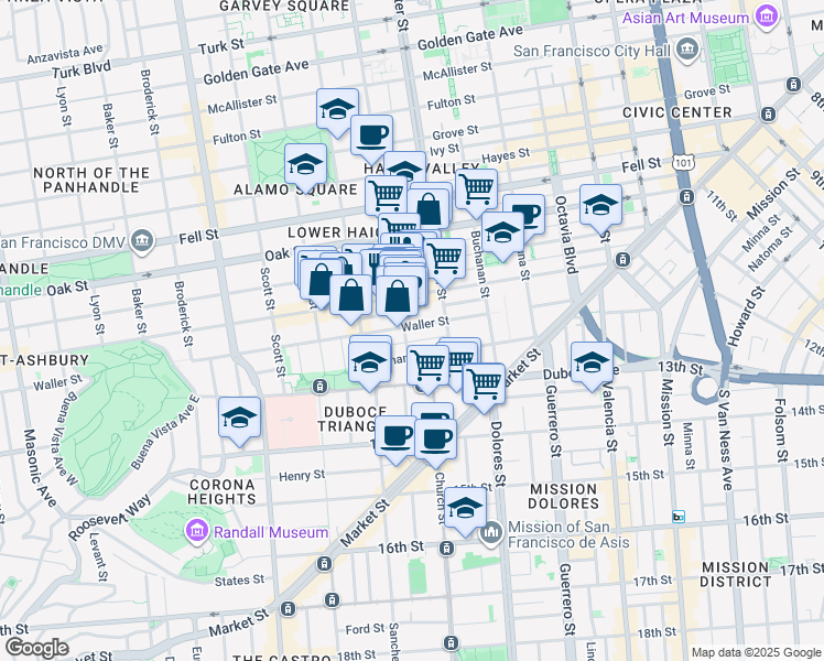 map of restaurants, bars, coffee shops, grocery stores, and more near 160 Fillmore Street in San Francisco