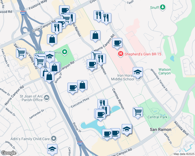 map of restaurants, bars, coffee shops, grocery stores, and more near 326 Isabelline Court in San Ramon