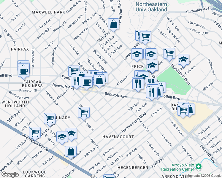 map of restaurants, bars, coffee shops, grocery stores, and more near 6033 Foothill Boulevard in Oakland