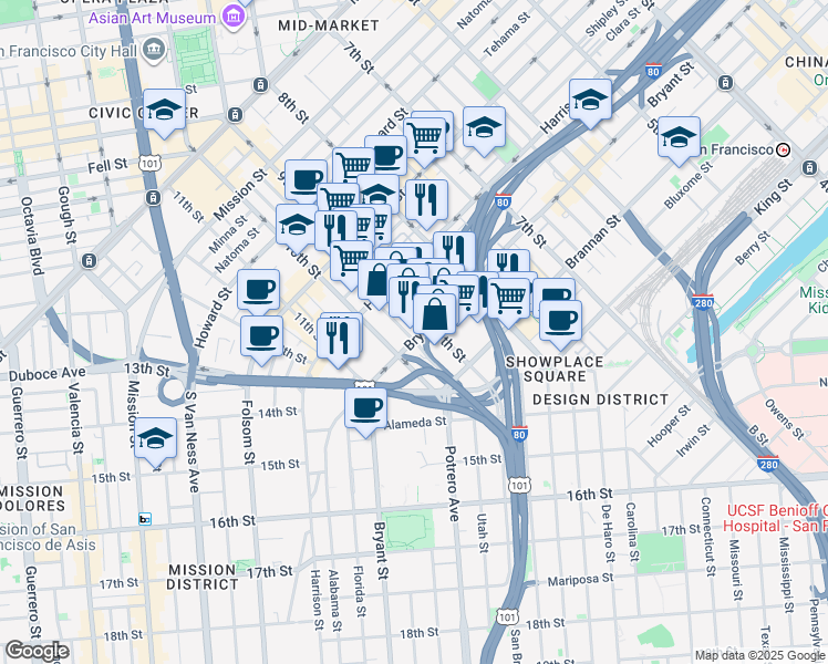 map of restaurants, bars, coffee shops, grocery stores, and more near 480 9th Street in San Francisco