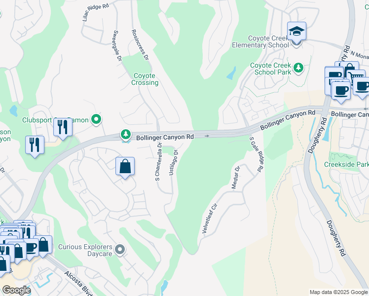 map of restaurants, bars, coffee shops, grocery stores, and more near 408 Ustilago Court in San Ramon