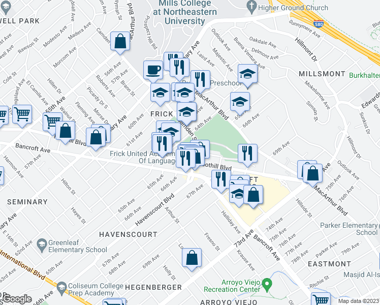 map of restaurants, bars, coffee shops, grocery stores, and more near 6455 Brann Street in Oakland