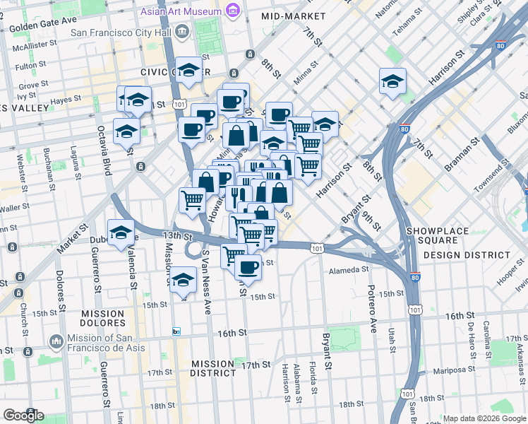 map of restaurants, bars, coffee shops, grocery stores, and more near 1560 Folsom Street in San Francisco