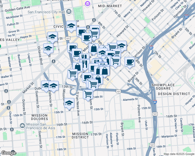 map of restaurants, bars, coffee shops, grocery stores, and more near 1560 Folsom Street in San Francisco