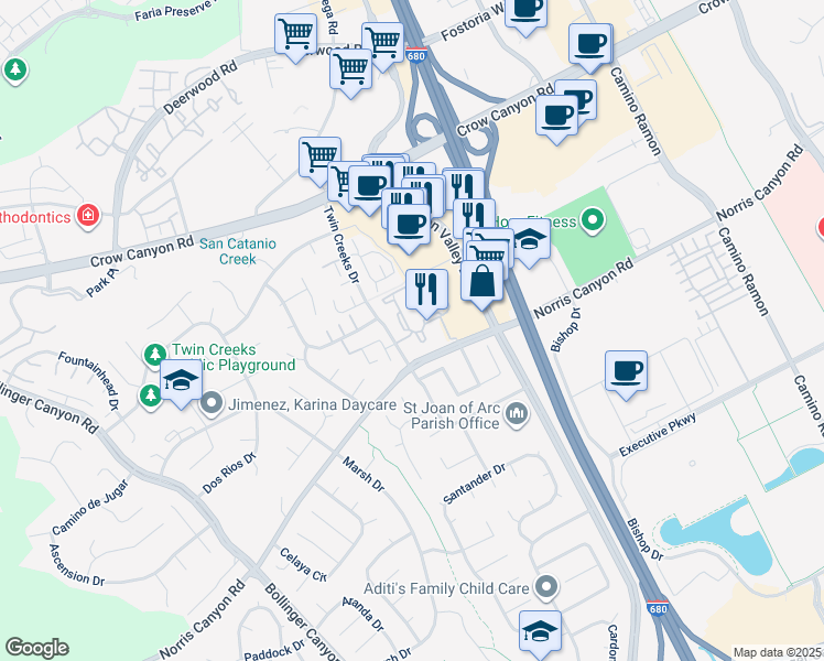 map of restaurants, bars, coffee shops, grocery stores, and more near 1714 Canyon Village Circle in San Ramon
