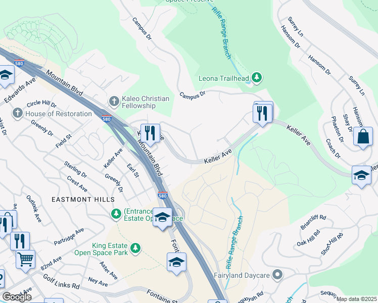map of restaurants, bars, coffee shops, grocery stores, and more near 4329 Rilea Way in Oakland